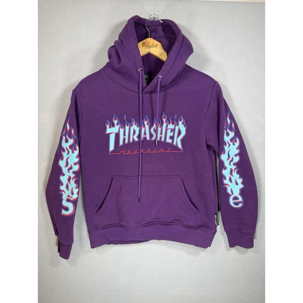 Thrasher Flame Logo Purple Cotton Fleece Hoodie Graphic Print Hooded Pockets